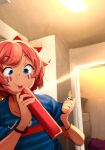  1girl aerosol blue_eyes bow commentary doki_doki_literature_club english_commentary facepaint fire france hair_bow highres holding holding_lighter imminent_suicide indoors khyle. lighter pink_hair red_bow sayori_(doki_doki_literature_club) short_hair soccer_uniform solo sportswear spray_can tongue tongue_out upper_body 