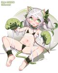  1girl anal_tail animal_collar animal_ear_fluff animal_ears animal_hands anklet armpits artist_name bandages barefoot bikini black_bikini collar fake_tail feet genshin_impact gloves green_eyes highres jewelry leonat micro_bikini nahida_(genshin_impact) navel open_mouth paw_gloves pixiv_id pointy_ears simple_background slime_(creature) solo sweatdrop swimsuit tail twitter_username 