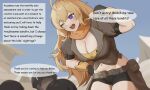  1girl 3boys ;d belt bike_shorts black_gloves blonde_hair breasts brown_belt brown_shirt cameltoe child cleavage english_text gloves highres large_breasts long_hair looking_at_another looking_down midriff multiple_boys navel one_eye_closed open_mouth rwby shirt smile solo_focus speech_bubble teeth upper_teeth_only wangxiii yang_xiao_long 