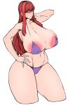  1girl abs arm_behind_head bangs bare_arms bare_shoulders bikini biriri_(spacezin) breasts bursting_breasts cleavage collarbone covered_nipples cowboy_shot curvy hand_on_hip highres huge_breasts large_areolae large_breasts long_hair looking_at_another micro_bikini nipples original purple_bikini red_hair skindentation slit_pupils solo spacezin standing strap_gap swimsuit tall tall_female thick_thighs thighs white_background wide_hips yellow_eyes 