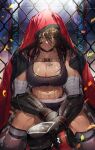  1girl abs absurdres bandaged_arm bandages bangs black_shorts black_sports_bra boxing_gloves breast_tattoo breasts brown_hair cable chain-link_fence chap_sal_! choker cleavage collarbone commentary cowboy_shot dark-skinned_female dark_skin fence girls&#039;_frontline girls&#039;_frontline_neural_cloud hair_between_eyes highres hood hood_up large_breasts long_hair looking_at_viewer magnhilda_(girls&#039;_frontline_nc) mechanical_arms midriff muscular muscular_female navel shorts sitting solo sports_bra sweat tattoo yellow_eyes 