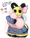  absurd_res annabee_(woebeeme) anthro arthropod bee big_breasts bottomwear breast_squish breasts clothed clothing dialogue female hi_res huge_breasts hymenopteran insect jacket legwear neck_tuft retweet ribbons shirt shirt_grab signature skirt smug solo squish stockings strip_meme talking_to_another thick_thighs topwear tuft woebeeme 