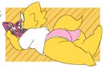  3_toes alphys anthro barefoot big_butt breasts buckteeth butt clothed clothing colored edit eyelashes eyewear feet female glasses lizard lying manga_(object) non-mammal_breasts on_front panties pink_clothing pink_panties pink_underwear potoobrigham raised_leg reading rear_view reptile scales scalie shirt simple_background solo teeth thick_tail thick_thighs three-quarter_view toes topwear undertale_(series) underwear yellow_body yellow_scales 