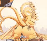  3_heads anthro big_breasts big_butt bikini bikini_thong breasts butt clothing crossgender dragon female godzilla_(series) holding_butt hydra kaiju king_ghidorah macro membrane_(anatomy) membranous_wings mtf_crossgender multi_head ncmares swimwear toho train vaginal vehicle wings 