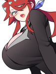  1girl bangs bellupup black_jacket breasts business_suit cleavage cleavage_cutout clothing_cutout formal glasses highres jacket large_breasts long_sleeves lorelei_(pokemon) pokemon pokemon_(game) pokemon_lgpe ponytail red_hair sidelocks suit swept_bangs turtleneck 