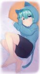  1boy animal_ears bangs barefoot black_shorts blue_eyes blue_hair blue_hoodie blurry catsuit commentary fake_animal_ears fake_tail fetal_position half-closed_eyes highres hood hoodie legs looking_at_viewer male_child male_focus original os_(os_fresa) rubbing_eyes shorts sleepy solo symbol-only_commentary tail 