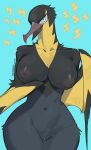  2022 absurd_res anthro beak big_breasts black_body black_feathers blue_background blue_eyes breasts feathers female genitals hi_res inverted_nipples kilowattrel navel nipples pussy red_beak royluna simple_background smile solo yellow_body yellow_feathers 