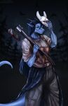 anthro axe big_breasts blood blood_on_hand blue_body blue_hair blue_scales bodily_fluids breasts clothing dragon eliana-asato ena_(eliana) female forest green_eyes gynomorph hair hi_res huntress_(dead_by_daylight) intersex long_hair looking_at_viewer melee_weapon muscular muscular_anthro muscular_female night plant scales smile solo tree weapon 