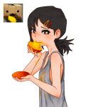  1girl bangs blush chainsaw_man eating food food_on_body grey_tank_top gurumo_(twitter) hair_ornament hairclip higashiyama_kobeni highres looking_to_the_side manga_(object) messy mole mole_under_eye mole_under_mouth multiple_moles short_ponytail simple_background single_sidelock solo swept_bangs tank_top white_background 