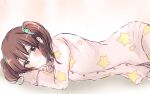  1girl ba_ra_ran blush brown_eyes brown_hair hair_ornament head_on_arm highres idolmaster idolmaster_cinderella_girls long_hair looking_at_viewer lying ogata_chieri on_bed on_side pajamas panties pink_panties scrunchie sketch smile star_(symbol) star_hair_ornament star_print twintails underwear 