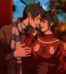  1boy 1girl animal_ears antlers black_hair blurry blurry_background chainsaw_man christmas christmas_tree_print closed_eyes earrings eyepatch fake_animal_ears forehead-to-forehead hayakawa_aki heads_together himeno_(chainsaw_man) jewelry moon_(mewnbyul) red_sweater reindeer_antlers scarf short_hair smile snowman_print striped striped_scarf stud_earrings sweater topknot vertical-striped_scarf vertical_stripes 
