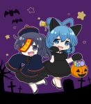  2girls :3 :d animal_costume animal_ears animal_hands bangs bat_(animal) black_eyes black_hair blue_eyes blue_hair candy cat_costume cat_ears drill_locks fang food full_body graveyard hair_rings halloween halloween_bucket halloween_costume highres jack-o&#039;-lantern kaku_seiga lollipop looking_at_viewer miyako_yoshika multiple_girls ofuda open_mouth outdoors purple_background rizleting short_hair smile star_(symbol) touhou zombie_costume 