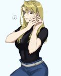  1girl adjusting_earrings bangs black_shirt blonde_hair breasts brown_eyes closed_mouth commentary_request earrings fullmetal_alchemist highres jewelry long_hair military military_uniform musical_note ozaki_(tsukiko3) riza_hawkeye shirt smile solo speech_bubble spoken_musical_note uniform white_background 