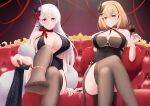  2girls azur_lane black_dress blonde_hair breasts brown_thighhighs center_opening choker cleavage couch cup dress drink drinking_glass evening_gown feather_boa fur_shawl halter_dress halterneck headgear highres holding holding_drink large_breasts long_hair looking_at_viewer misoka1m multiple_girls nail_polish official_alternate_costume plunging_neckline purple_eyes red_choker red_hair red_nails red_wine roon_(azur_lane) roon_(viridescent_lullaby)_(azur_lane) shawl sitting sleeveless sleeveless_dress smile thighhighs tight tight_dress white_hair wine_glass yellow_eyes yorck_(azur_lane) yorck_(breaker_under_the_blood_moon)_(azur_lane) 