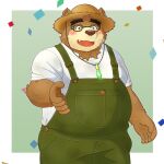  anthro bear belly blush brown_body brown_fur clothing eyewear fur glasses hat headgear headwear hi_res jewelry lifewonders male mammal necklace overalls overweight solo straw_hat tokyo_afterschool_summoners video_games volos yaki_atsuage 