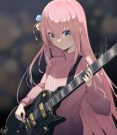  1girl blue_eyes bocchi_the_rock! electric_guitar gotou_hitori guitar hair_between_eyes hair_bobbles hair_ornament highres instrument jacket long_hair looking_down music one_side_up pink_hair playing_instrument rafrog signature solo sweat track_jacket upper_body very_long_hair 