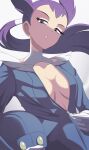  1girl aviator_cap breasts cleavage floating_hair gloves helmet highres long_hair looking_at_viewer non-web_source open_mouth pokemon pokemon_(game) pokemon_oras ponytail purple_eyes purple_hair simple_background solo vivivoovoo winona_(pokemon) zipper zipper_pull_tab 