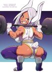  animal_humanoid athletic athletic_female big_breasts breasts clothing crouching dark_body dark_skin deadlift exercise female gloves hair handwear hi_res humanoid lagomorph lagomorph_humanoid legwear leotard leporid_humanoid looking_at_viewer looking_back mammal mammal_humanoid miruko my_hero_academia rabbit_ears rabbit_humanoid scut_tail short_tail smile solo the_other_half thigh_highs weightlifting weights white_hair wide_hips workout 