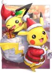  :d ;d absurdres belt border brown_belt christmas clothed_pokemon coat commentary_request gift gonzarez hat highres holding holding_gift holding_sack leg_up looking_at_viewer no_humans one_eye_closed open_mouth pichu pikachu poke_ball_print pokemon pokemon_(creature) red_coat red_headwear sack santa_hat smile sparkle standing standing_on_one_leg tongue white_border 