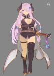  1girl bangs black_gloves blue_eyes boots braid breasts cape cleavage closed_mouth gloves granblue_fantasy hair_over_one_eye holding holding_sword holding_weapon horns large_breasts long_hair naoya_come narmaya_(granblue_fantasy) pointy_ears purple_hair simple_background solo standing sword thigh_boots thigh_strap walking weapon 