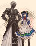  1boy 1girl abs black_footwear black_headwear black_sclera blue_hair blue_skirt bow bowtie center_frills colored_sclera crossover dark-skinned_male dark_skin dress food frilled_skirt frills fruit hands_on_hips hat height_difference hinanawi_tenshi leaf long_hair looking_at_another m.u.g.e.n monochrome mugennagi mukai_(kof) muscular muscular_male parted_lips peach power_connection puffy_short_sleeves puffy_sleeves rainbow_gradient red_bow red_bowtie red_eyes short_hair short_sleeves skirt standing the_king_of_fighters touhou very_dark_skin white_background white_hair white_skirt 
