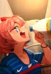  1girl bleach_(chemical) blue_eyes bottle bow commentary doki_doki_literature_club english_commentary facepaint france hair_bow highres holding holding_bottle imminent_suicide khyle. nike open_mouth pink_hair red_bow sayori_(doki_doki_literature_club) short_hair soccer_uniform solo sportswear upper_body 