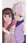 1boy 1other :3 absurdres alluka_zoldyck androgynous bangs black_hair blue_eyes blue_shirt enoki_(gongindon) highres hunter_x_hunter killua_zoldyck long_hair long_sleeves looking_at_viewer male_child messy_hair shirt siblings simple_background smile spiked_hair t-shirt upper_body white_hair 