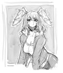  1girl :&lt; aeyga breasts cleavage closed_mouth collarbone cowboy_shot eunie_(xenoblade) greyscale hair_between_eyes head_wings hood hood_down jacket large_breasts long_hair long_sleeves looking_at_viewer monochrome open_clothes open_jacket sagging_breasts shirt solo unfinished white_shirt xenoblade_chronicles_(series) xenoblade_chronicles_3 