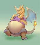  2022 anthro belly charizard claws clothing digital_media_(artwork) dragon eyes_closed eyewear generation_1_pokemon glasses male membrane_(anatomy) membranous_wings nintendo overweight overweight_male pokemon pokemon_(species) scalie simple_background sjevi smile snack solo toe_claws topwear video_games wings 