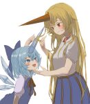  2girls absurdres blonde_hair blue_dress blue_eyes blue_hair blue_skirt cirno collared_shirt commentary_request dress fairy highres horns hoshiguma_yuugi ice ice_horns ice_wings long_hair mikan_(manmarumikan) multiple_girls neck_ribbon pinafore_dress puffy_short_sleeves puffy_sleeves red_eyes red_horns red_ribbon ribbon shirt short_hair short_sleeves single_horn skirt touhou white_shirt wings 