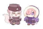  2girls :3 artist_name azu_(kirara310) belt brown_coat brown_footwear brown_headwear buttons chibi cloak closed_mouth coat commentary_request double-breasted double_bun fate/grand_order fate_(series) fox_tail fur-trimmed_coat fur-trimmed_headwear fur_trim glasses hair_bun hair_over_one_eye hands_on_hips hat hood hood_up hooded_cloak koyanskaya_(fate) koyanskaya_(russian_lostbelt_outfit)_(fate) long_sleeves mash_kyrielight multiple_girls official_alternate_costume one_eye_covered open_mouth pink_hair purple_coat purple_eyes shoes simple_background smile tail tamamo_(fate) thick_eyebrows white_background winter_clothes winter_coat yellow_eyes 