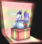  anthro big_butt box butt christmas container dialogue gift_wrapped hi_res holidays looking_at_viewer looking_back male male/male mammal photolol.03 procyonid raccoon simple_background sitting solo text thick_thighs wide_hips 