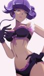  1girl breasts brown_eyes frills gloves hand_on_hip highres jewelry lipstick looking_to_the_side makeup navel open_mouth pokemon pokemon_(game) pokemon_sv purple_hair ribbon simple_background solo tulip_(pokemon) underwear vivivoovoo 