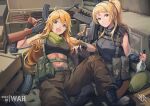  2girls ak-12 ak-47 assault_rifle ayase_eli bare_shoulders black_shirt black_tank_top blonde_hair boots bottle bullet combat_boots dated english_text green_eyes green_pants gun gun_case helmet highres hiroki_ree holding holding_bottle holding_gun holding_weapon hoshii_miki kalashnikov_rifle love_live! magazine_(weapon) military military_helmet military_uniform multiple_girls pants plate_carrier rifle shirt short_sleeves smile tank_top trigger_discipline uniform weapon z_(russian_symbol) 