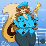  anthro big_breasts bottomwear brass_instrument breasts clothing felid female liona_mcgraw looking_at_viewer mammal mastergodai musical_instrument one_eye_closed pantherine pants shirt smile smiling_at_viewer solo tiger topwear trumpet wind_instrument wink 