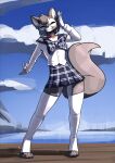  blouse bottomwear canid canine clothing collar eyes_closed female feretta fox fur grey_body grey_fur hi_res japanese_school_uniform legwear mammal red_fox sea serafuku silver_fox skirt sky smile stockings topwear vixavil_hayden water 