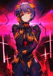  1girl ayanami_rei bangs black_bodysuit black_gloves blue_hair bodysuit breasts commentary constricted_pupils cosplay cowboy_shot cross english_commentary frown gloves glowing glowing_eyes godzilla_(series) hair_between_eyes hand_on_hip hand_on_own_face hand_on_own_leg hand_over_face hungry_clicker interface_headset king_ghidorah king_ghidorah_(cosplay) looking_at_viewer neon_genesis_evangelion parted_lips pilot_suit pink_background plugsuit red_eyes shaded_face short_hair small_breasts solo standing teeth thigh_gap wide-eyed 