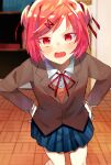  1girl angry bangs blazer blue_skirt blurry blurry_background blush bob_cut book bookshelf breasts brown_sweater_vest classroom closet commentary cowboy_shot depth_of_field doki_doki_literature_club dress_shirt fang from_above grey_jacket hair_ornament hair_ribbon hands_on_hips highres jacket long_sleeves looking_at_viewer mizunarisui natsuki_(doki_doki_literature_club) neck_ribbon open_mouth parquet_floor pink_eyes pink_hair pleated_skirt red_ribbon ribbon school_uniform shirt short_hair sketch skin_fang skirt small_breasts solo standing sweater_vest swept_bangs talking tsundere two_side_up v-shaped_eyebrows white_shirt wooden_floor x_hair_ornament 