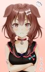  1girl :&lt; angry animal_collar animal_ears arms_under_breasts bangs bare_shoulders black_shirt blush bone_hair_ornament braid breasts brown_eyes brown_hair character_name cleavage closed_mouth collar collarbone commentary crossed_arms dog_ears dog_girl english_commentary fume gozuu gradient gradient_background hair_between_eyes hair_ornament hair_over_shoulder hikimayu hololive inugami_korone light_blush long_hair looking_at_viewer low_twin_braids medium_breasts mixed-language_commentary nail_polish paw_print pink_background pink_nails portrait red_collar serious shirt short_eyebrows sidelocks sleeveless sleeveless_shirt solo thick_eyebrows twin_braids upper_body v-shaped_eyebrows virtual_youtuber 