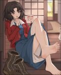  1girl barefoot blue_kimono boots boots_removed brown_hair eating fate/grand_order fate_(series) feet food ice_cream ice_cream_cup jacket japanese_clothes kara_no_kyoukai kimono on_floor red_jacket ryougi_shiki sitting soles solo toes xssh 