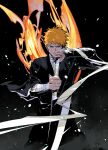  1boy bandaged_arm bandaged_chest bandaged_neck bandages black_background black_kimono bleach cofffee fighting_stance furrowed_brow holding holding_sword holding_weapon japanese_clothes kimono kurosaki_ichigo looking_at_viewer male_focus orange_eyes orange_hair short_hair solo spiked_hair sword weapon 