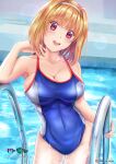  1girl absurdres aqua_one-piece_swimsuit breasts cleavage highres huge_breasts kushida_kikyou large_breasts lohmijo non-web_source one-piece_swimsuit pool poolside school_swimsuit self_upload short_hair solo sports_bikini swimming swimsuit water youkoso_jitsuryoku_shijou_shugi_no_kyoushitsu_e 