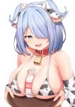  1girl absurdres animal_ears animal_print aqua_eyes bare_shoulders bell belt_collar between_breasts bikini blue_hair bottle breast_lift breast_rest breasts cleavage collar collarbone cow_ears cow_horns cow_print elira_pendora fake_animal_ears fake_horns fangs hair_over_one_eye head_wings highres horns large_breasts medium_hair micro_bikini milk_bottle mole mole_on_breast neck_bell nijisanji nijisanji_en open_mouth simple_background sleepypudding smile solo swimsuit tray upper_body virtual_youtuber white_background 