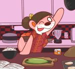  animal_crossing brown_hair cooking crushpepper detailed_background erect_nipples female fish hair hair_bun hi_res lottie_(animal_crossing) mammal marine mustelid nintendo nipples one_eye_closed otter pink_body tagme video_games 