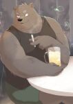  2022 absurd_res alcohol anthro bear beer beverage bottomwear clothing en_1_9 hi_res humanoid_hands kemono male mammal overweight overweight_male shirt shorts sitting smoking solo topwear 