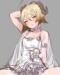  1girl arknights bad_id bad_pixiv_id blonde_hair dress flower gree4 hair_flower hair_ornament horns ifrit_(arknights) pale_skin solo source_request wedding_dress white_dress yellow_eyes 