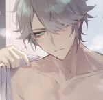  1boy alhaitham_(genshin_impact) bangs closed_mouth collarbone commentary genshin_impact green_eyes grey_hair gumilkx hair_between_eyes looking_at_viewer male_focus multicolored_hair portrait sketch solo steam symbol-only_commentary topless_male wet wet_hair 