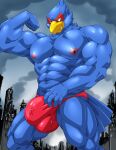  2022 5_fingers absurd_res anthro avian bird blue_body building bulge city clothed clothing cloud digital_media_(artwork) entrapment falco_lombardi fingers fist flexing_bicep hi_res macro maldu male micro muscular muscular_male nintendo red_clothing red_underwear ruins sky skyscraper smaller_version_at_source solo speedo star_fox swimwear topless topless_anthro topless_male trapped_in_clothing trapped_in_underwear underwear video_games worship 