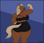  anthro back_muscles big_butt blonde_hair bottomwear bra brown_body brown_fur butt clothed clothing equid equine female flexing freyja_(hrossavit) fur furgonomics greasymojo gym_bottomwear gym_clothing gym_shorts hair hi_res horse looking_at_viewer looking_back looking_back_at_viewer mammal muscular muscular_anthro muscular_female rear_view shorts smile solo sports_bra thick_thighs underwear 