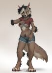  anthro areola areola_slip black_hair bottomwear breasts brown_body brown_fur calf_tuft canid canine canis claws clothed clothing collar crotch_tuft cutoffs daisy_dukes denim denim_clothing digitigrade ear_piercing elbow_tuft female foxovh fur hair hi_res hotpants looking_at_viewer mammal piercing scar shirt shorts smile solo spikes standing topwear tuft under_boob undressing were werecanid werecanine werewolf wolf yellow_sclera 